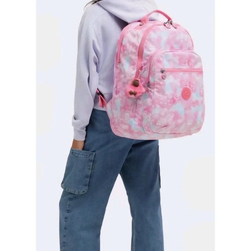 Kipling Backpack Pink Color Print Laptop Bookbag School Large NEW Seoul